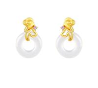Orecchini da donna a forma di ciambella in giada bianca con nuvola d'oro | Anello liscio in giada bianca sormontato da una nuvola d'oro scolpita e cristallo rosa, eleganti borchie
