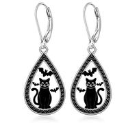 Orecchini da donna a forma di gatto nero con nodo celtico, luna crescente, 0.70*0.79, Argento sterling, Zirconie sintetico