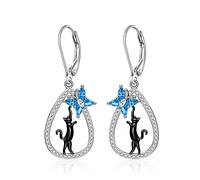 Orecchini da donna a forma di gatto nero, in argento Sterling S925, con luna e nodo celtico, graziosi orecchini a forma di animale con pietra di luna, gioielli pendenti, regalo, Argento sterling