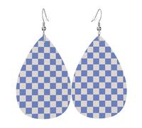 Orecchini da donna blu cielo bianco a scacchi colorati in pelle lacrima da donna, alla moda, orecchini a goccia, gioielli