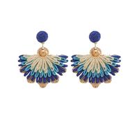 Orecchini da donna Boho in rafia, orecchini pendenti a forma di ventaglio in tessuto blu Ombre, orecchini estivi da spiaggia leggeri fatti a mano, orecchini con frange di fiori bohémien gioielli regal
