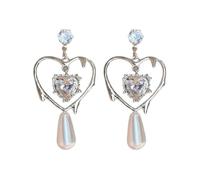 Orecchini da donna carini con zirconi femminili cuore perla orecchini temperamento squisito moda personalità set lungo, Misura unica, Metallo, Nessuna pietra preziosa