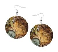 Orecchini da donna con bussola e vecchia mappa del mondo, alla moda, in pelle stampata su entrambi i lati, orecchini a cerchio leggeri