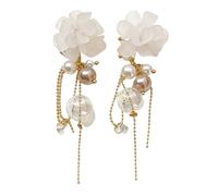 Orecchini da donna con perle bianche a forma di fiore, con nappe dorate, con bolla iridescente, gioielli da sogno per matrimoni, damigelle d'onore, feste estive