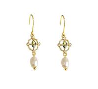 Orecchini da donna con perle d'acqua dolce, minimalista, con zirconi, placcati in oro 14 carati, design fatto a mano, lunghi ed eleganti, con confezione regalo bianca