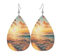 Orecchini da donna con scena tropicale al tramonto sulla spiaggia, orecchini in pelle a goccia per le donne alla moda, orecchini a goccia gioielli
