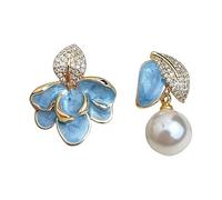 Orecchini da donna con smalto a goccia blu cielo, design floreale asimmetrico intarsiato con zircone bianco lucido e ciondolo con perle di vetro, eleganti gioielli in argento Sterling 925, si abbinano
