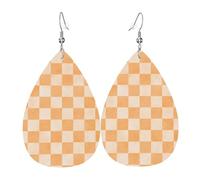 Orecchini da donna con stampa a scacchi arancioni, alla moda, in pelle a goccia, alla moda, orecchini a goccia colorati