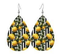 Orecchini da donna con stampa di limoni a righe bianche e nere, orecchini alla moda in pelle a goccia per le donne alla moda, orecchini a goccia colorati