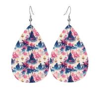 Orecchini da donna con stampa di paesaggi hawaiani rosa, orecchini in pelle a goccia alla moda per le donne alla moda, orecchini a goccia colorati