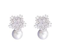 Orecchini da donna in argento Sterling 925 con zirconia cubica a forma di fiocco di neve, perline e strass, gioielli alla moda di lusso da sposa, Argento, perla di conchiglia, Perla