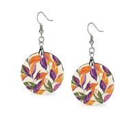 Orecchini da donna in legno con foglie arancioni e viola, orecchini pendenti rotondi a goccia, gioielli alla moda, 3,0 x 6,1 cm
