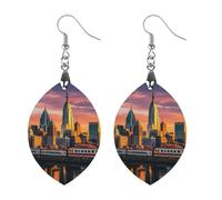 Orecchini da donna in legno con grattacieli al tramonto, eleganti gioielli in legno, orecchini leggeri per matrimoni, feste, regalo di tutti i giorni, Circular, Legno, Legno