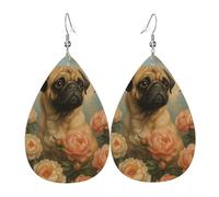 Orecchini Da Donna In Pelle A Forma Di Goccia Charming Pug And Peonies Moda Orecchini In Pelle Penzolare Leggeri Ciondolo A Goccia Per Feste Appuntamenti Matrimoni