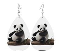 Orecchini da donna in pelle a forma di panda seduto su legno, con stampa semplice, a forma di goccia, elegante regalo per