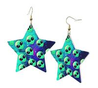Orecchini da donna in pelle bianca alla moda a forma di stella - Gioielli pendenti con stampa aliena verde, accessorio alla moda leggero, Misura unica, Pelle