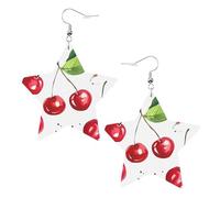 Orecchini da donna in pelle bianca alla moda a forma di stella, graziosi orecchini pendenti con piccola stampa di ciliegie, accessorio leggero alla moda, Misura unica, Pelle