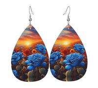 Orecchini da donna in pelle blu con rose e girasoli stampati, semplice ciondolo a forma di goccia, elegante regalo per le vacanze
