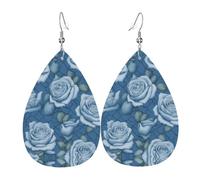 Orecchini da donna in pelle con bellissime rose su sfondo blu, orecchini semplici a forma di goccia, regalo elegante per le vacanze