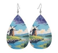 Orecchini da donna in pelle con bellissimo mulino a vento stampato a forma di goccia semplice ciondolo elegante regalo per le vacanze