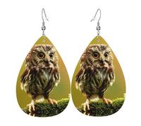 Orecchini da donna in pelle con ciondolo a forma di gufo su legno a goccia, con gancio, alla moda, vintage, per feste e uso quotidiano, Misura unica, Pelle