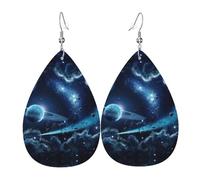 Orecchini da donna in pelle con ciondolo a forma di luna e pianeti e stelle con gancio, alla moda, vintage, per feste e uso quotidiano, Misura unica, Pelle