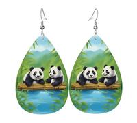 Orecchini da donna in pelle con due graziosi panda stampati, semplici pendenti a forma di goccia, elegante regalo per le vacanze