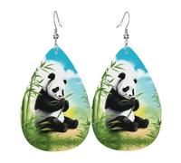 Orecchini da donna in pelle con due panda che mangiano bambù stampati, semplice ciondolo a forma di goccia, elegante regalo per