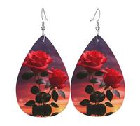 Orecchini da donna in pelle con due rose rosse stampate, semplice ciondolo a forma di goccia, elegante regalo per le vacanze