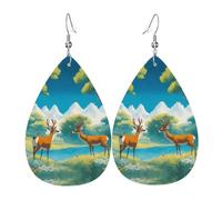 Orecchini da donna in pelle con due simpatici cervi stampati, semplici pendenti a forma di goccia, elegante regalo per le vacanze