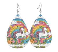 Orecchini da donna in pelle con graziosi arcobaleni e unicorni stampati, semplice ciondolo a forma di goccia, elegante regalo per le vacanze