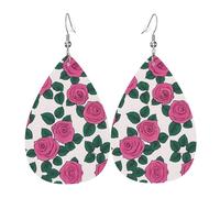 Orecchini da donna in pelle con molte belle rose rosa stampate, semplice ciondolo a forma di goccia, elegante regalo per le vacanze