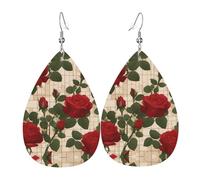 Orecchini da donna in pelle con molte rose rosse stampate, semplice ciondolo a forma di goccia, elegante regalo per le vacanze