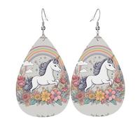 Orecchini da donna in pelle con pendenti a goccia stampati con bellissimi arcobaleni e unicorni, versatili ed eleganti da indossare tutti i giorni.