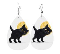 Orecchini da donna in pelle con piccolo gatto nero stampato sotto la luna semplice ciondolo a forma di goccia elegante regalo per le vacanze