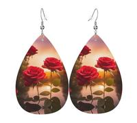 Orecchini da donna in pelle con rose rosse vicino al fiume stampate, semplice ciondolo a forma di goccia, elegante regalo per le vacanze