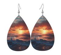 Orecchini da donna in pelle con stampa a onde dopo il tramonto, semplice ciondolo a forma di goccia, elegante regalo per le vacanze