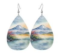 Orecchini da donna in pelle con stampa del Monte Fuji, semplice ciondolo a forma di goccia, elegante regalo per le vacanze