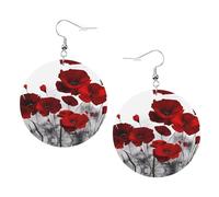 Orecchini da donna in pelle con stampa di papaveri rossi, orecchini a cerchio, perfetti per feste in costume e accessori per ragazze, Misura unica, Pelle