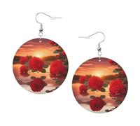 Orecchini da donna in pelle con stampa di rose rosse al tramonto, orecchini a cerchio, perfetti per feste in costume e accessori per ragazze, Misura unica, Pelle
