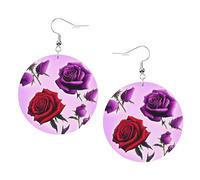 Orecchini da donna in pelle con stampa di rose rosse e viola, orecchini a cerchio, perfetti per feste in costume e accessori per ragazze, Misura unica, Pelle