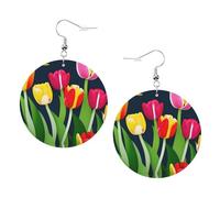 Orecchini da donna in pelle con stampa di tulipani colorati, orecchini pendenti e a cerchio, perfetti per feste in costume, accessori per ragazze, Misura unica, Pelle