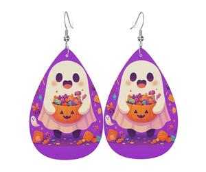 Orecchini Da Donna In Pelle Di Goccia Halloween Ghosts Holding Pumpkin Candy Leggeri Orecchini Da Donna Lussuoso Ciondolo A Goccia Per Feste Uso Quotidiano Appuntamenti