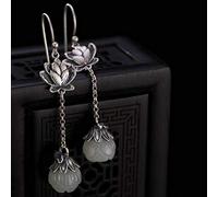 Orecchini da Donna in Stile Cinese S925 Sterling Silver Inscritto Vintage Natural Nephrite White Jade Lotus Personalizzati, LJBLEUSK, bianco