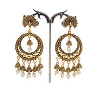 Orecchini da donna Jhumka, stile pavone con perle bianche, in oro ossidato, stile Bollywood, eleganti orecchini pendenti a forma di stella e campana, regalo indiano Jhumki eid