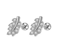 Orecchini da donna, orecchini in acciaio inossidabile, da donna, con chiodo in argento, a forma di foglia stellata, con zirconi cubici, 7 x 1,2 mm, Feuille avec zircone cubique en forme ronde, Acciaio