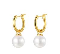 Orecchini da donna, orecchini pendenti da donna, in oro, con perle, 10 x 26 mm, per festa della mamma, gioielli, Pendentif perle de forme ronde, Rame, Perla
