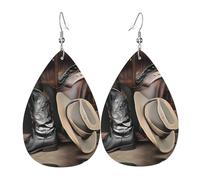 Orecchini Da Donna Pelle Sintetica Cowboy Black Hat Western Boots Printed Teardrop Leather Dangle Earrings Design Di Fascia Alta Per Decorazione Per Abbigliamento Adatti Per L'Uso Quotidiano