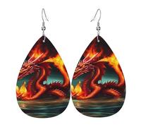 Orecchini Da Donna Pelle Sintetica Dragon King In Fire Printed Teardrop Leather Dangle Earrings Design Di Fascia Alta Per Per Le Donne Ragazze Adatti Per L'Uso Quotidiano