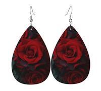Orecchini Da Donna Pelle Sintetica Red And Black Roses Print Lacrima Teardrop Leather Dangle Earrings Design Di Fascia Alta Per Every Outfit For Women Girls